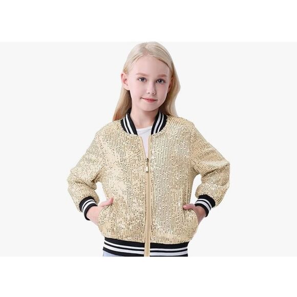 NEW Gold Girls Sequin Bomber Sparkle Zipper Pockets Jacket 8 Yrs - Picture 2 of 8